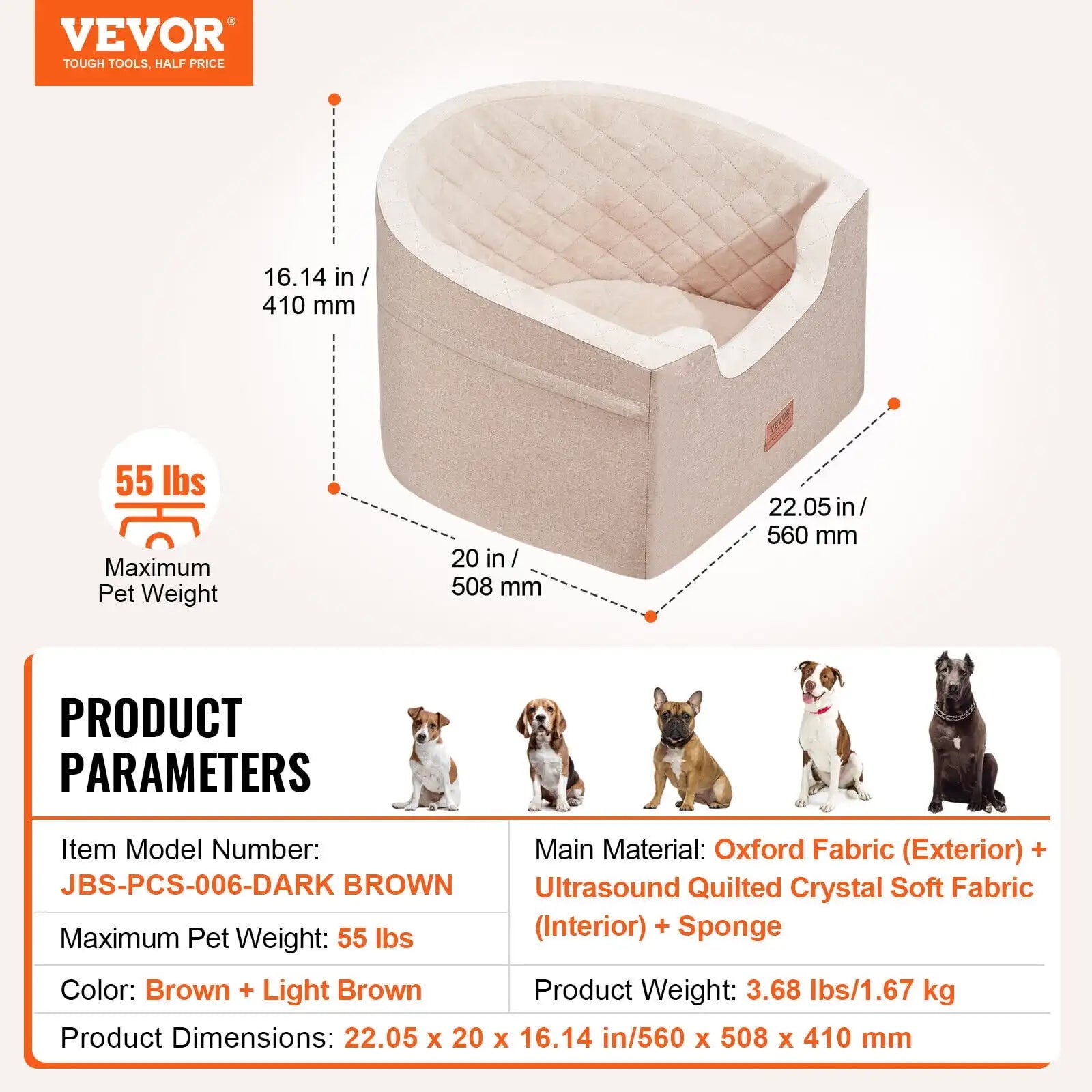 Dog Booster Car Seat – Pet Car Seat for Small & Medium Dogs up to 55 lbs | Travel Safety Carrier (Brown)