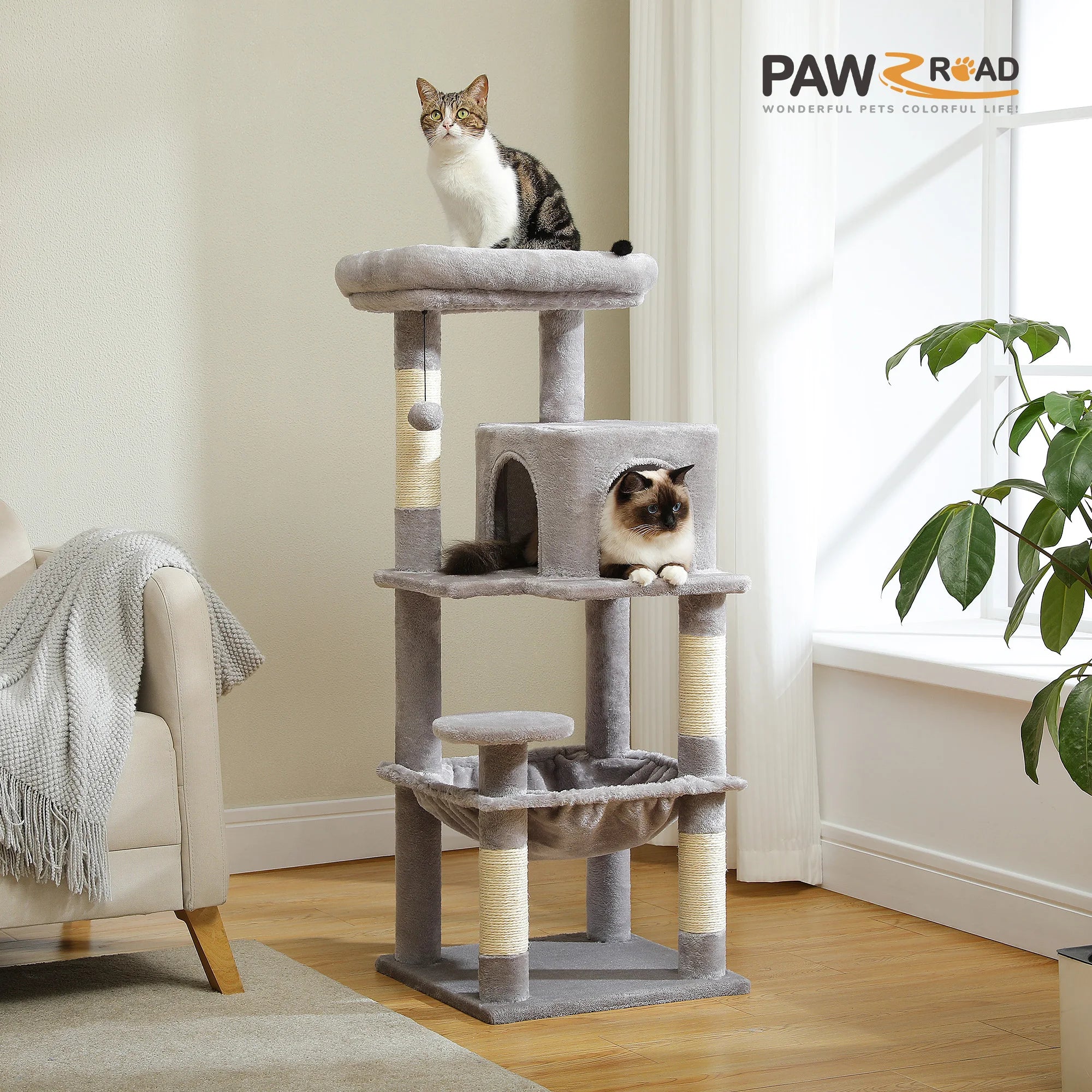 Adjustable Floor-to-Ceiling Cat Tree Tower – Tall Indoor Cat Furniture with Hammock, Cozy Condo & Sisal Scratching Posts
