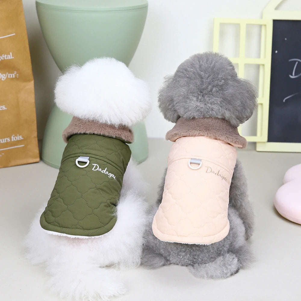 Winter Dog Coat with Fur Collar – Soft Fleece Pet Jacket with D-Ring for Small Dogs & Puppies