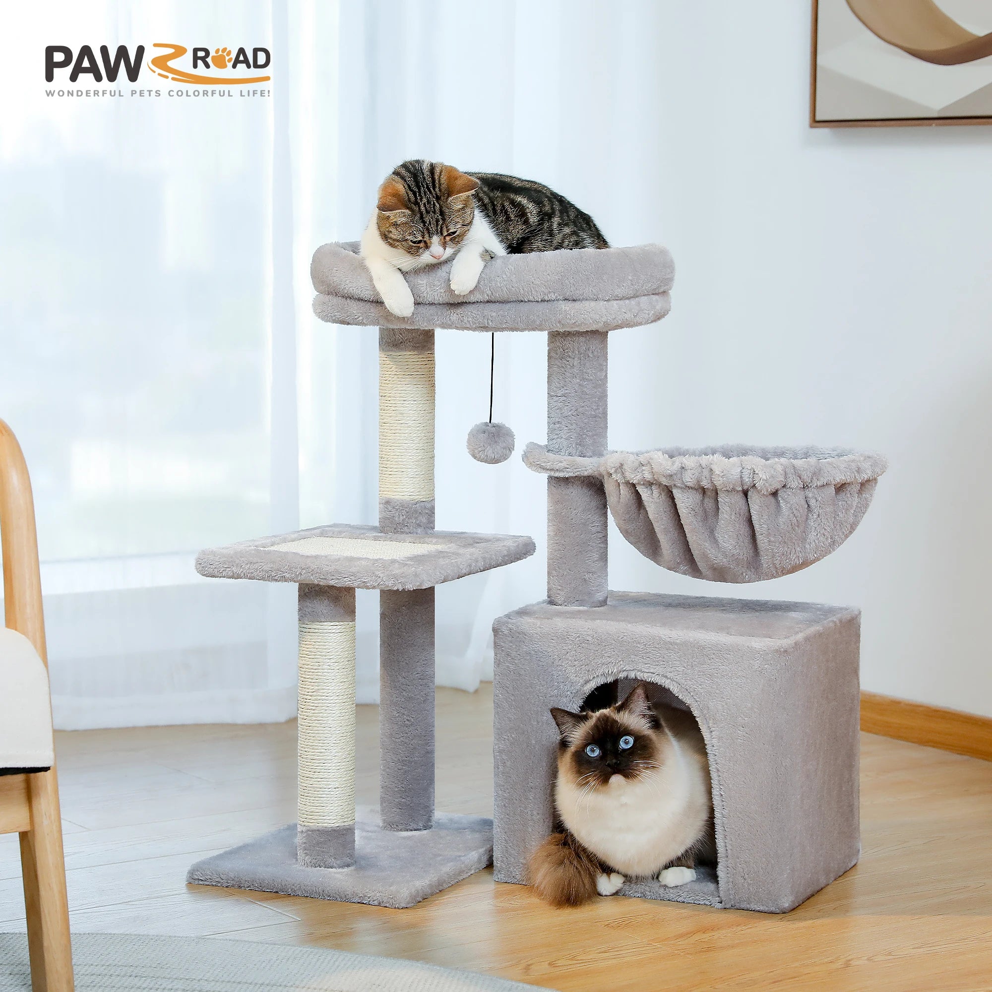 Cat Tree Tower for Indoor Cats – 2 Styles Cat Activity Center with Scratching Posts, Large Hammock & Removable Top Perch (Grey)