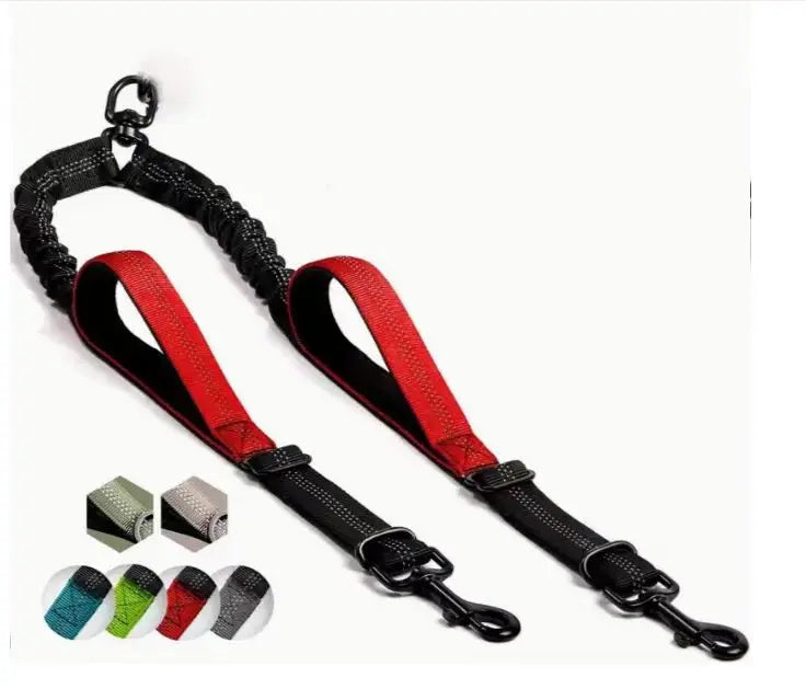 Dual Dog Leash Coupler – No-Tangle Bungee Leash with Comfort Padded Handles, 360° Swivel, Reflective & Shock Absorbing Training Lead
