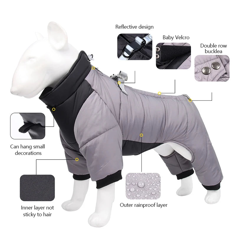 Four-Leg Dog Winter Coat – Waterproof Reflective Puffer for Small & Medium Dogs