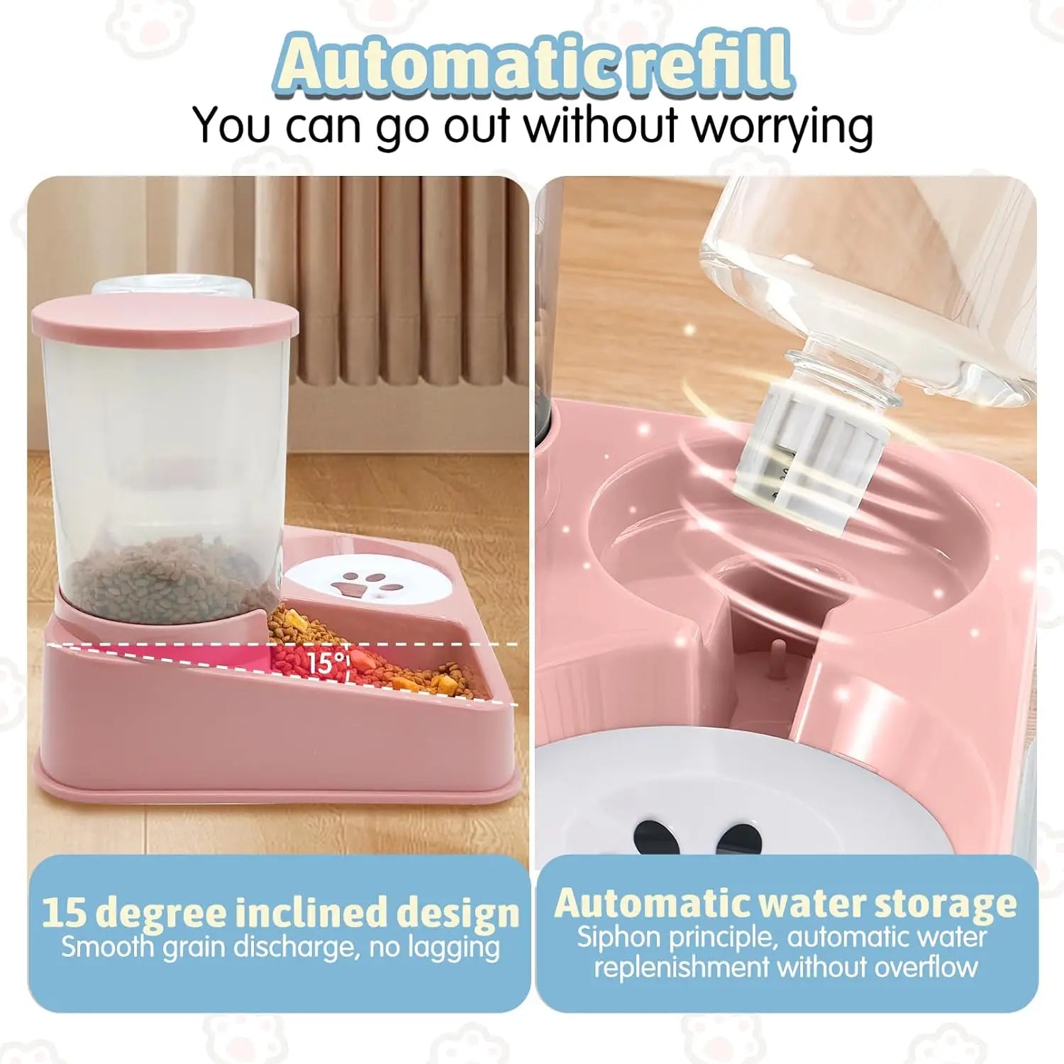Automatic Cat Feeder & Water Dispenser – 2-in-1 Gravity Pet Food and Waterer with Tilted Bowl Design