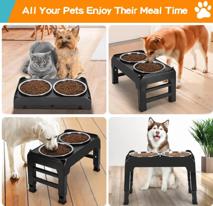 Adjustable Raised Dog Bowl Set – 2 Stainless Steel 50oz Bowls with Foldable Stand