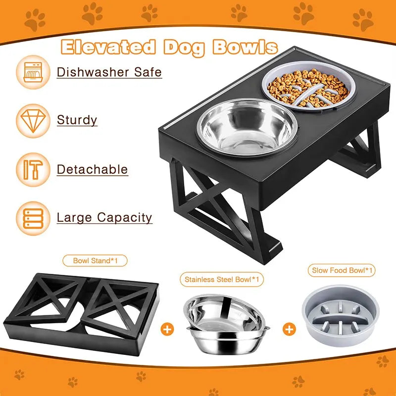 Double Elevated Dog Bowl Stand – 3 Heights Adjustable Slow Feeder for Medium & Large Dogs