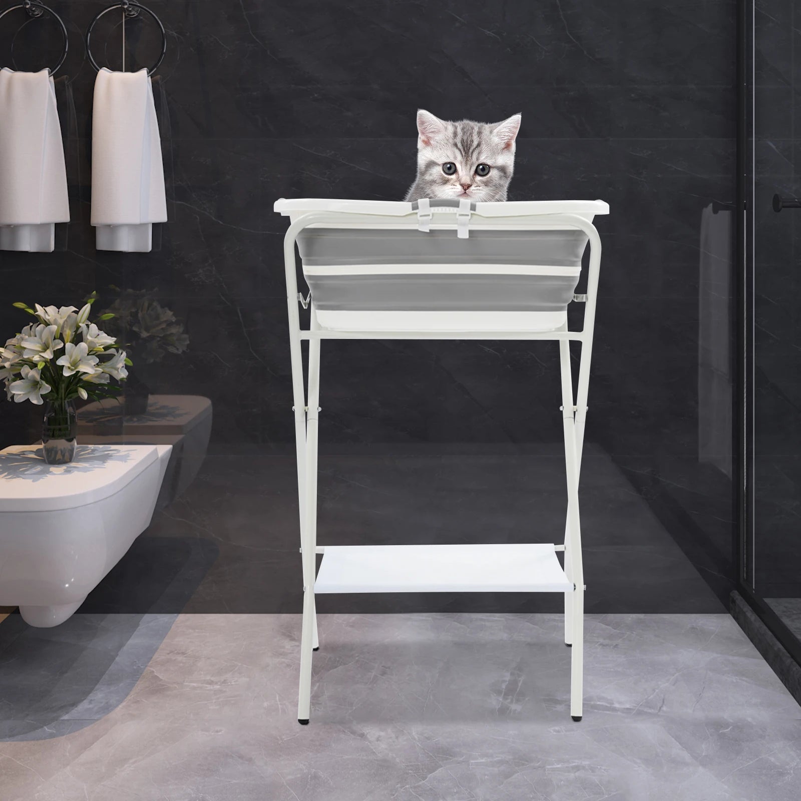 Small Pet Portable Bathtub with Stand – Foldable Bath with Drainage Tube for Small Dogs & Cats