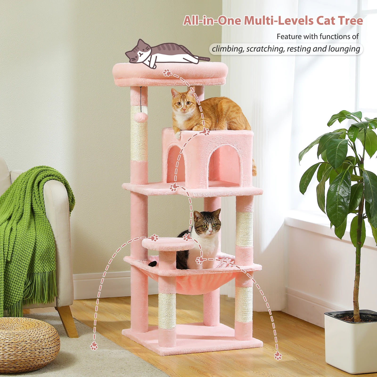 Adjustable Floor-to-Ceiling Cat Tree Tower – Tall Indoor Cat Furniture with Hammock, Cozy Condo & Sisal Scratching Posts