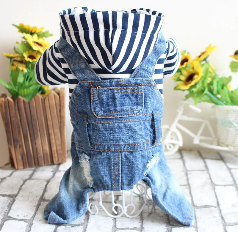 Pet Denim Jumpsuit – Dog Jeans Hoodie Jacket for Small & Medium Dogs, Vintage Blue Vest