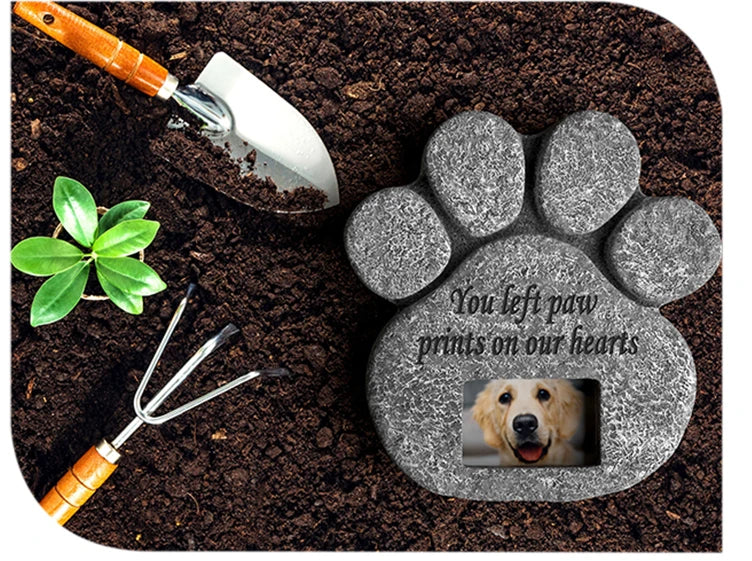 "You Left Paw Prints On Our Hearts" Pet Memorial Stone – Dog & Cat Grave Marker with Photo Frame Slot