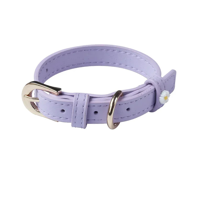 PU Leather Dog Collar with Daisy Decoration – Comfortable Pet Collar for Small Dogs and Cats