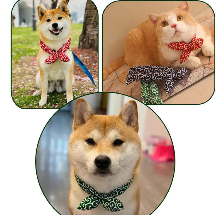 Japanese Farmhouse Style Dog Bandana – Soft Cotton Pet Scarf with Bow Accent for Akita, Shiba & More