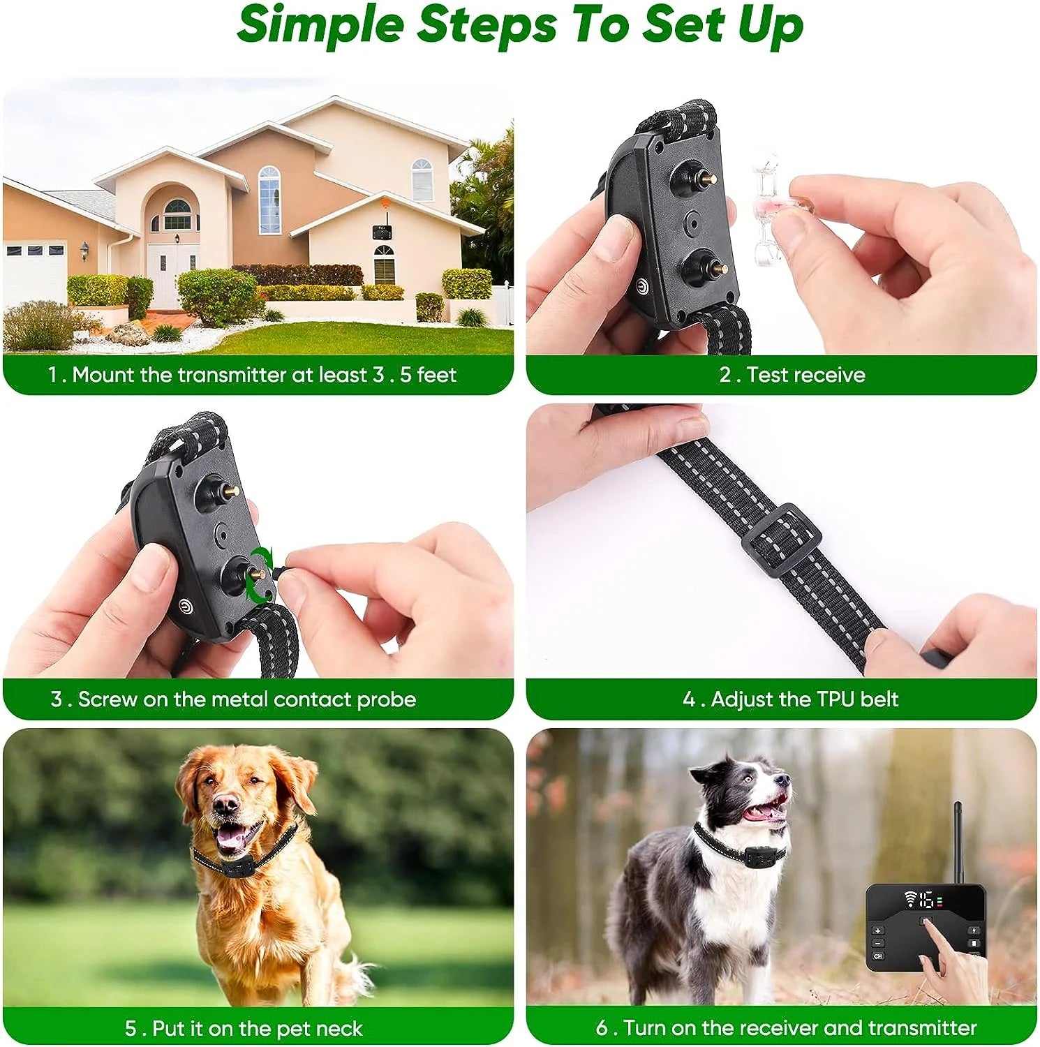 Wireless Dog Fence System with Remote – 2-in-1 Electric Pet Containment & Shock Training Collars for 2 Dogs | Adjustable Range