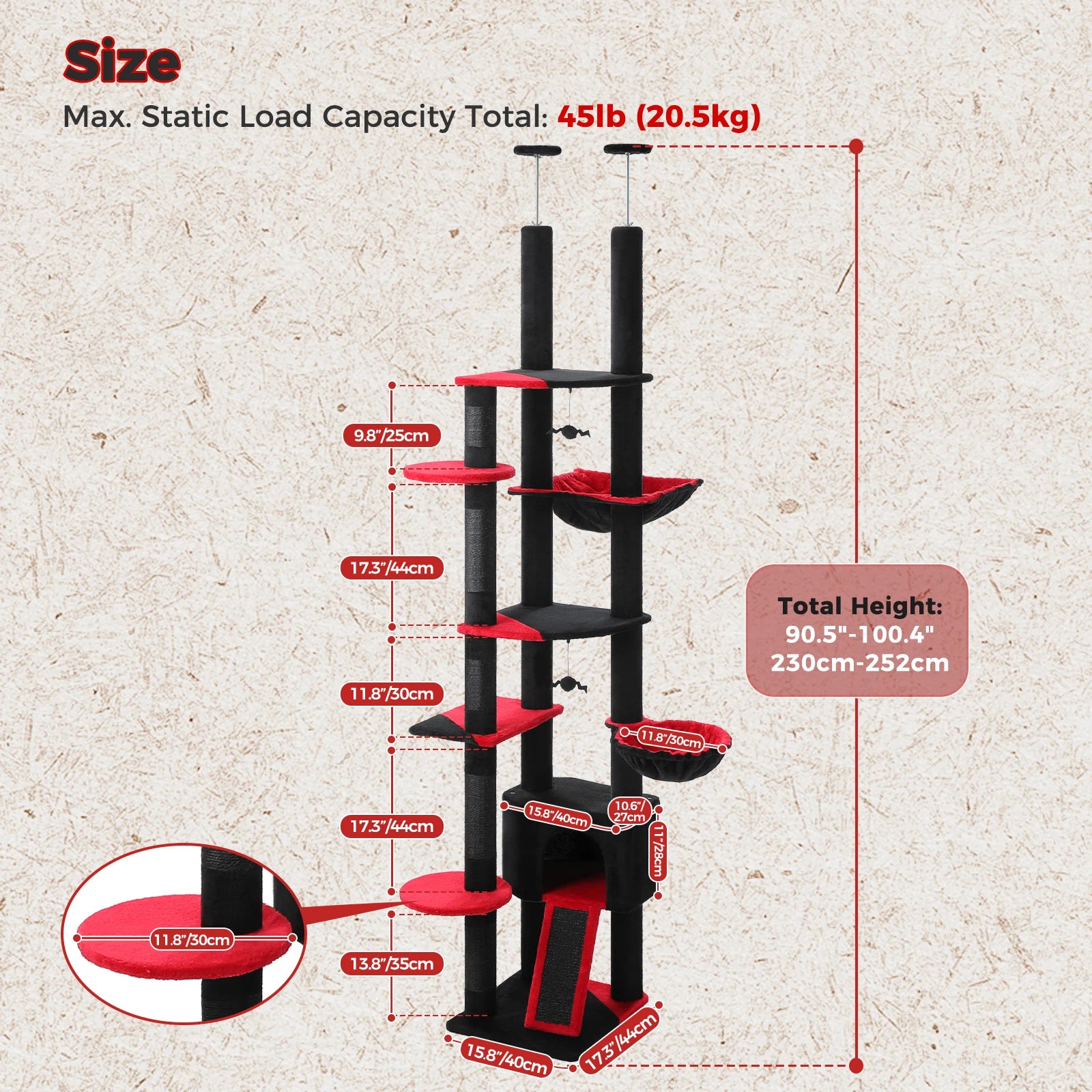 Adjustable Floor-to-Ceiling Cat Tree Tower – Tall Indoor Cat Furniture with Hammock, Cozy Condo & Sisal Scratching Posts