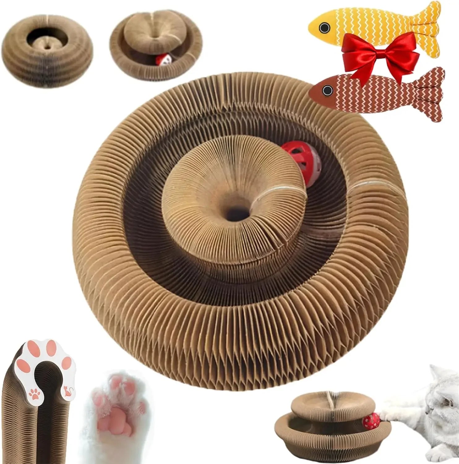 Cat Scratch Board Toy with Bell – Foldable Accordion Cardboard Climbing Frame & Ball | Recyclable Interactive Toy for Kittens & Cats