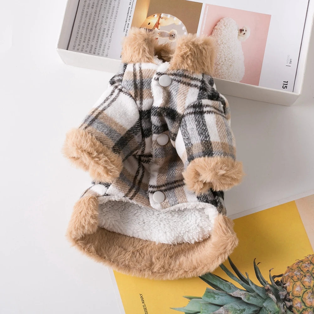 Winter Pet Jacket – Grid Cotton Coat with Fur Collar for Small Dogs (Chihuahua, French Bulldog, etc.)