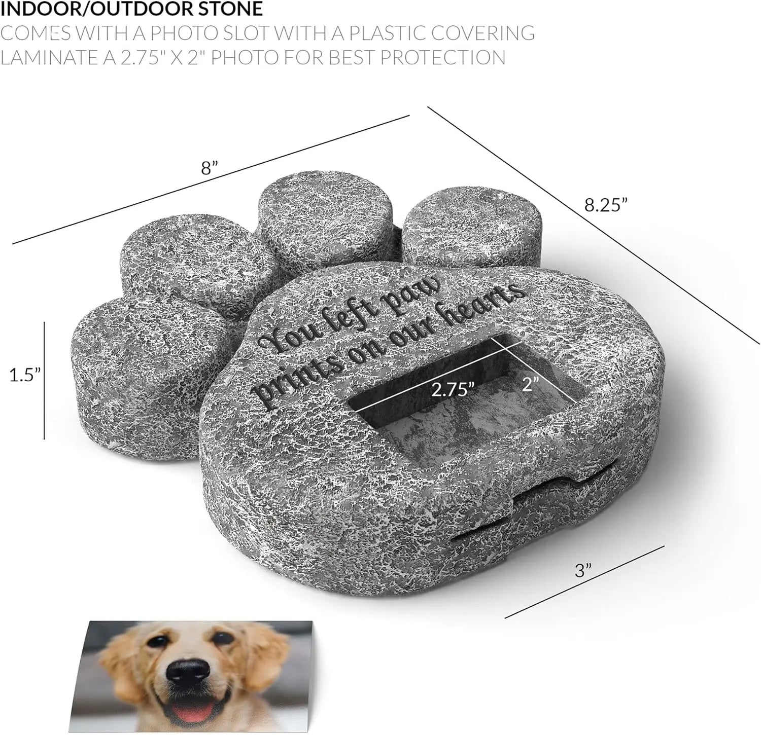 "You Left Paw Prints On Our Hearts" Pet Memorial Stone – Dog & Cat Grave Marker with Photo Frame Slot