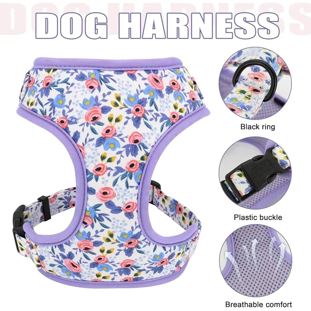 Cute Floral Dog Harness Leash Collar Set – Adjustable Soft Mesh Pet Vest for Puppies and Small Dogs