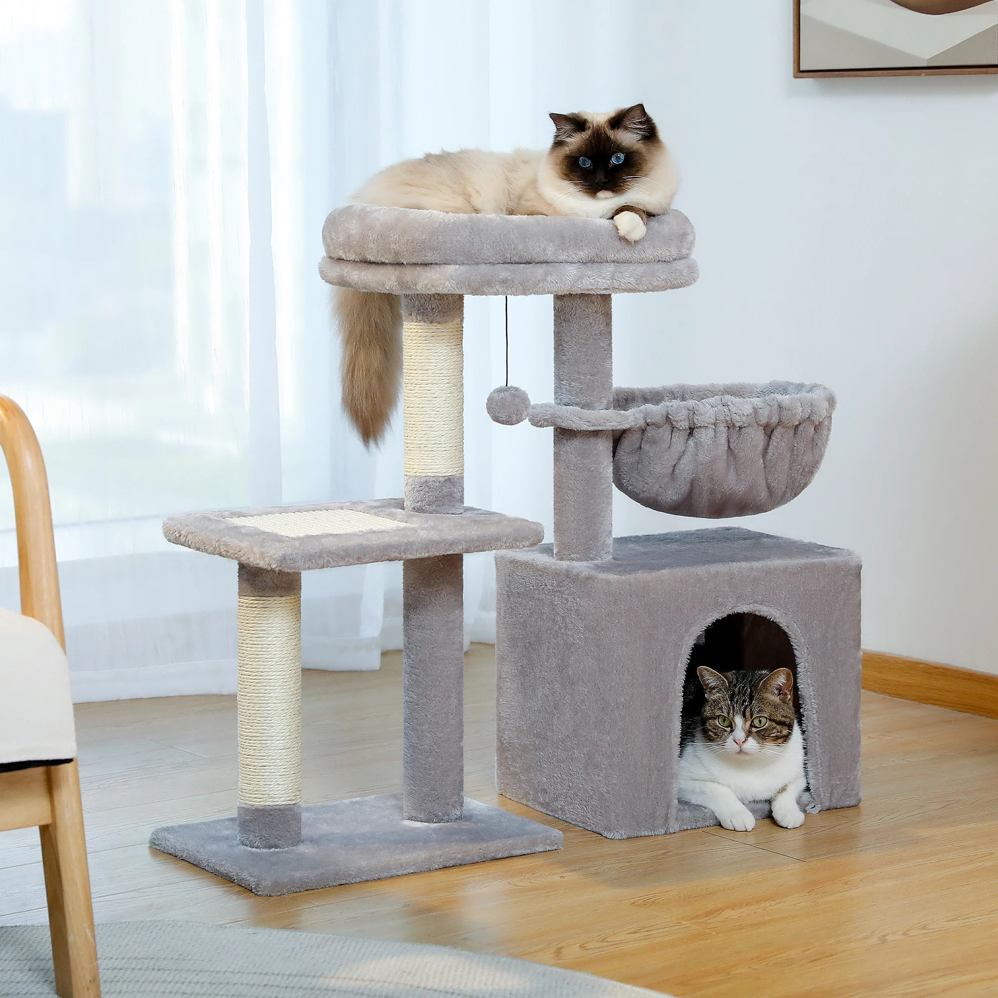 Cat Tree Tower for Indoor Cats – 2 Styles Cat Activity Center with Scratching Posts, Large Hammock & Removable Top Perch (Grey)