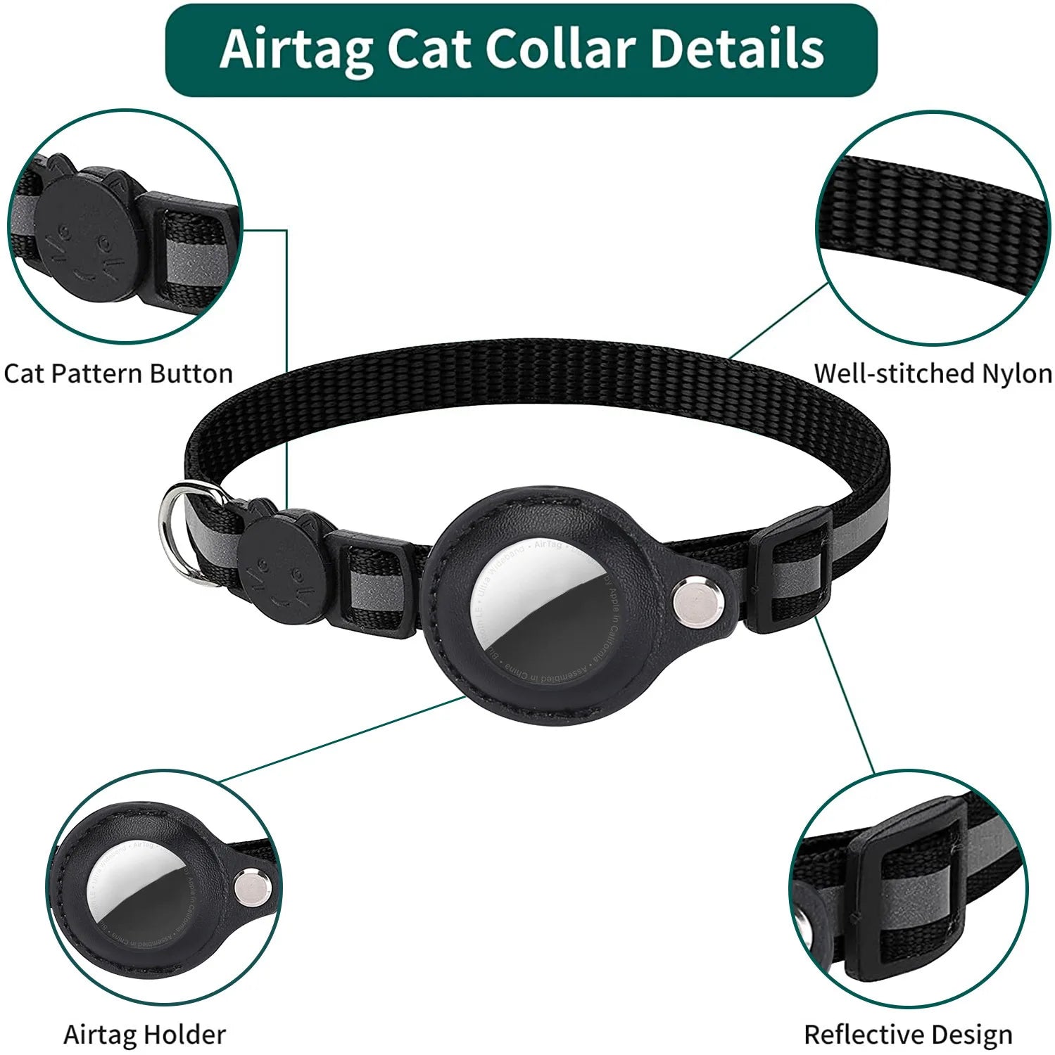 Cat AirTag Holder Collar – Breakaway Adjustable Kitten Collar with Reflective Strips, Waterproof Bell & AirTag Case