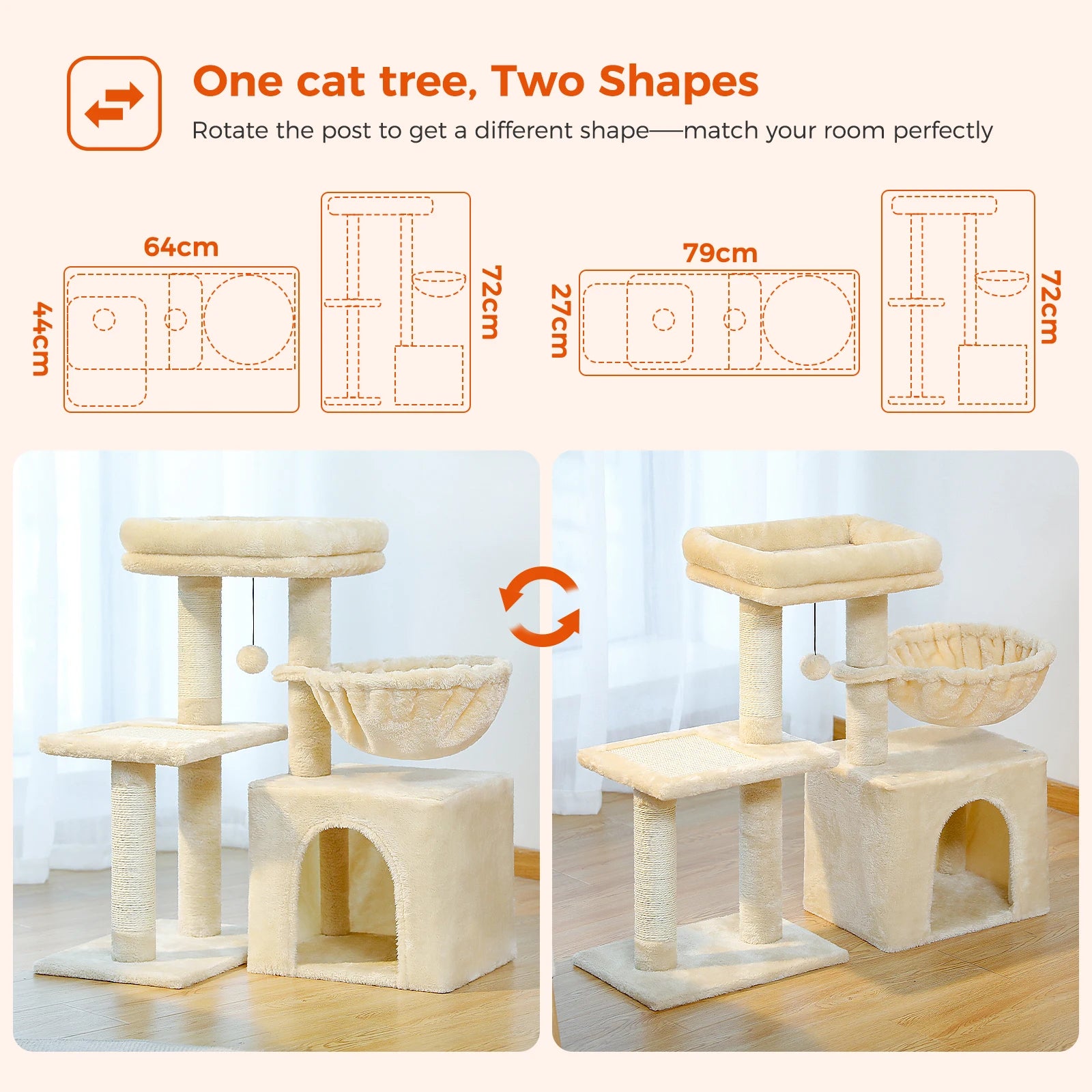 Cat Tree Tower for Indoor Cats – 2 Styles Cat Activity Center with Scratching Posts, Large Hammock & Removable Top Perch (Grey)