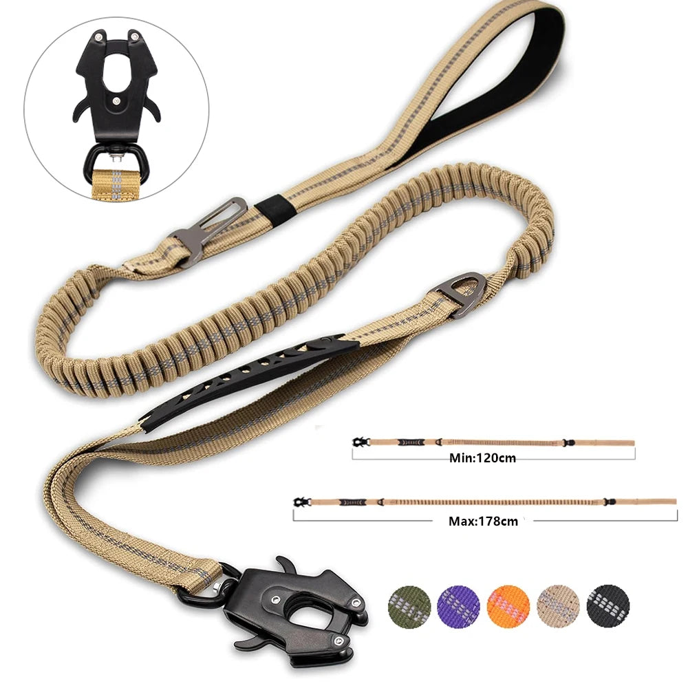 Reflective Shock-Absorbing Tactical Bungee Dog Leash with Car Seatbelt Clip – Heavy Duty No-Pull Leash for Large Dogs