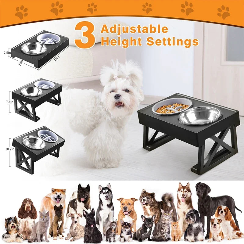 Double Elevated Dog Bowl Stand – 3 Heights Adjustable Slow Feeder for Medium & Large Dogs