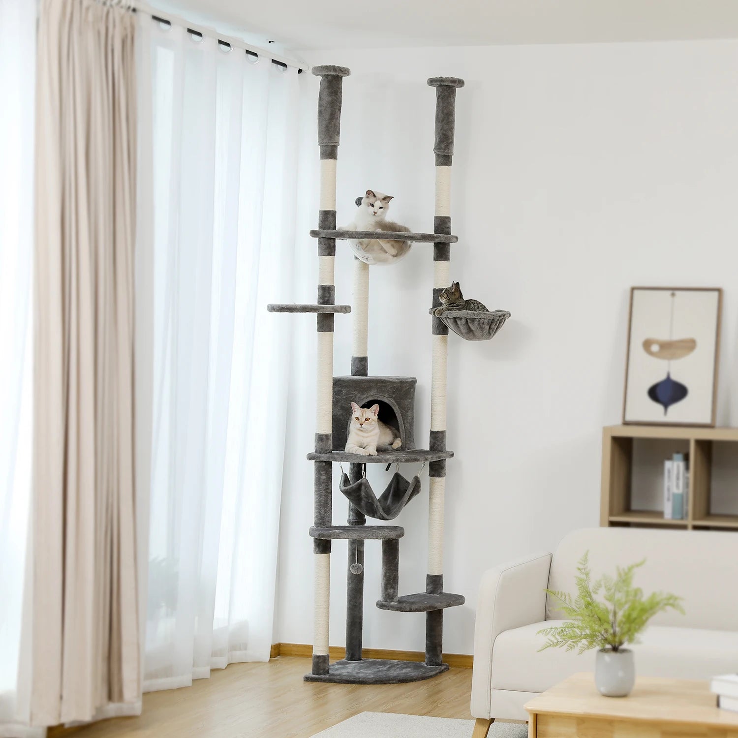Adjustable Floor-to-Ceiling Cat Tree Tower – Tall Indoor Cat Furniture with Hammock, Cozy Condo & Sisal Scratching Posts