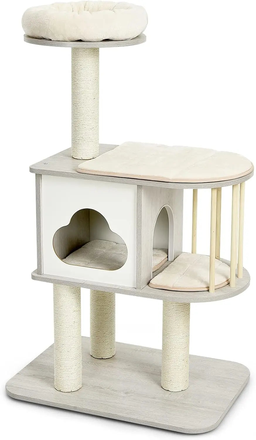 Modern Wood Cat Tree – Indoor Tower with Condo, Scratching Posts & Washable Cushions