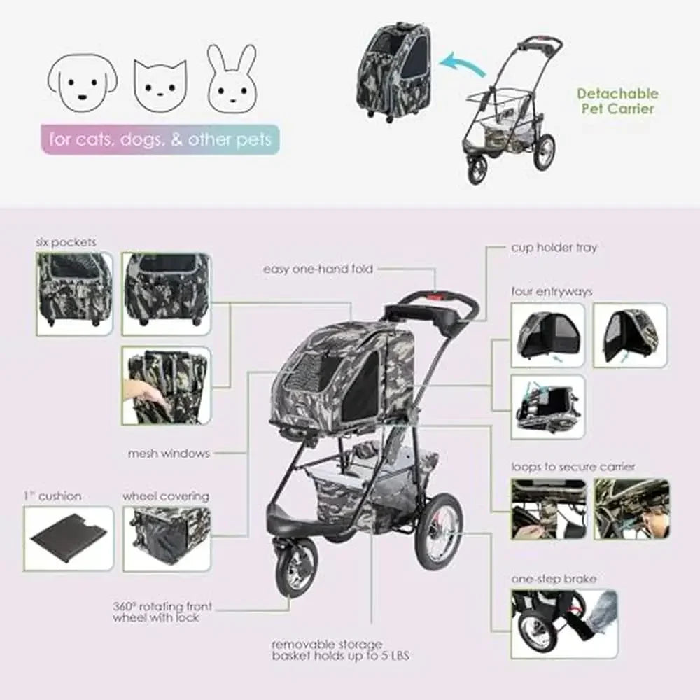 Travel Pet Carrier Stroller Anxiety Relief Safety Leash Seatbelt Durable Lightweight Smooth Ride Rolling Attachment Pockets