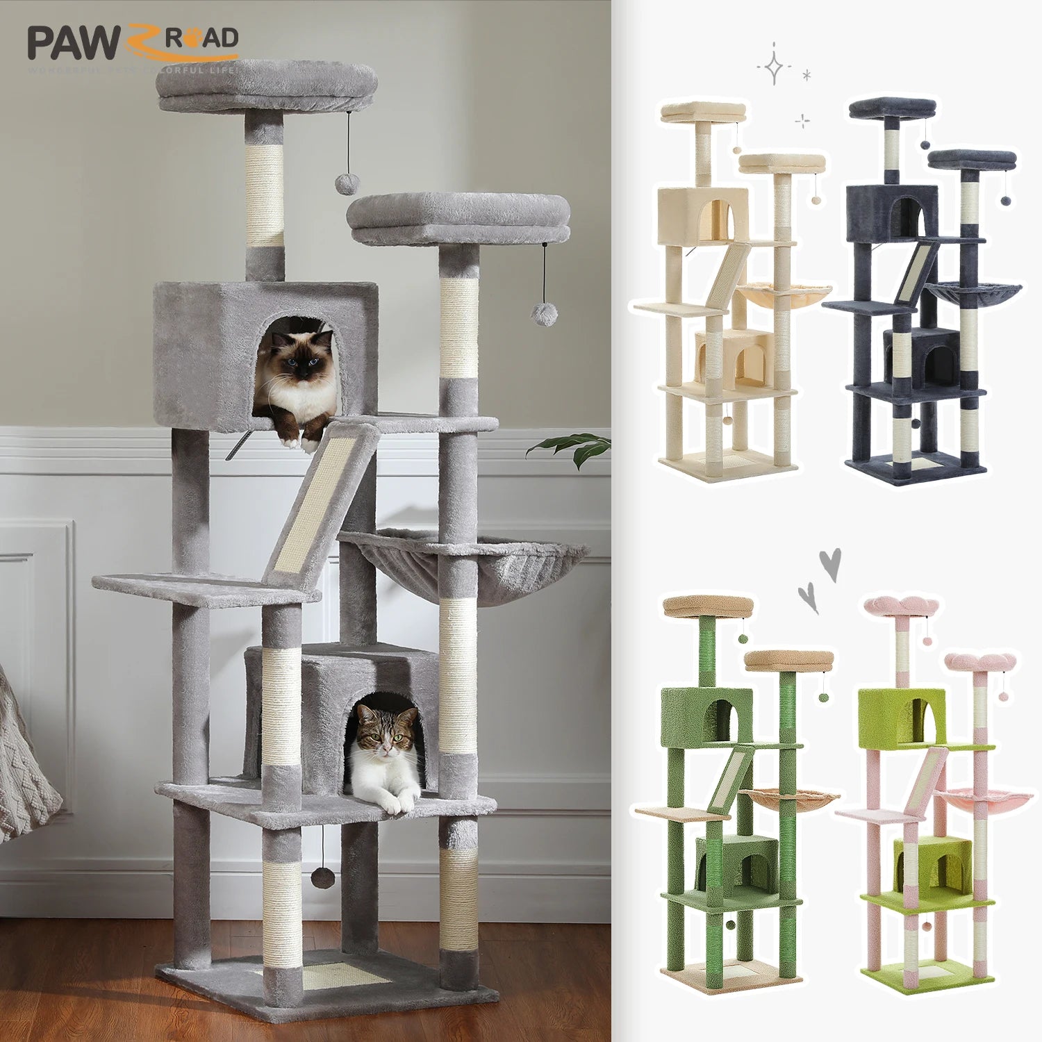 Large Multi-Level Cat Tree Tower – Tall Plush Indoor Cat Condo with Scratching Posts, Perches, Caves & Boards