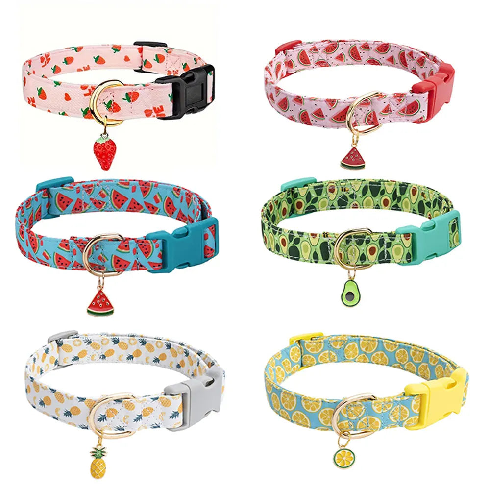Fruit Pattern Pet Collar with Metal Pendant – Adjustable Dog & Cat Collar for Puppies and Small Pets