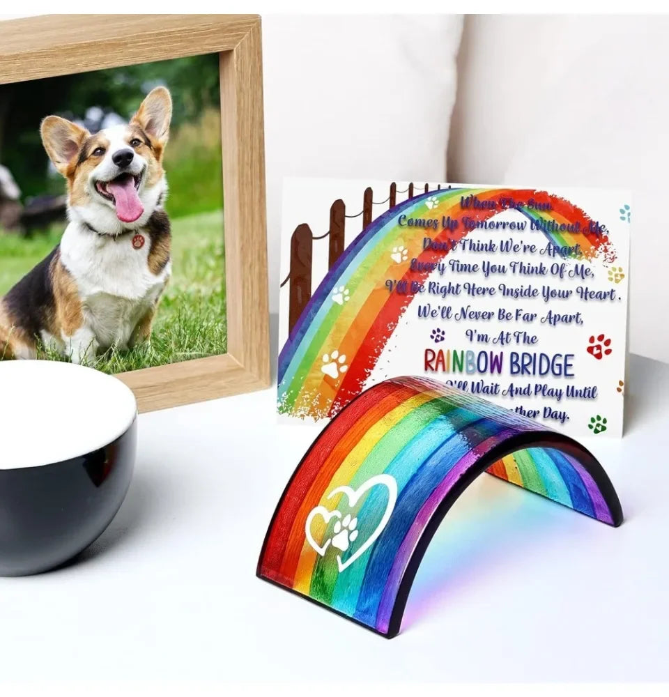 Rainbow Bridge Fused Glass Memorial Gift – 3D Colorful Bridge with Sympathy Card for Pet Loss (Dog, Cat, Guinea Pig)