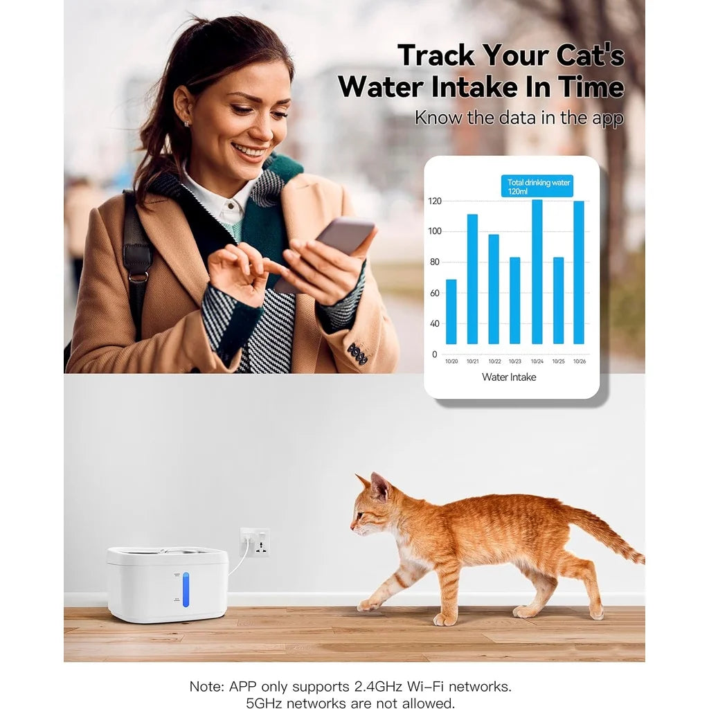 Cat Water Fountain with APP Control – 2.5L / 84oz Automatic Wireless Pet Fountain with Stainless Steel Tray & Weight Sensor
