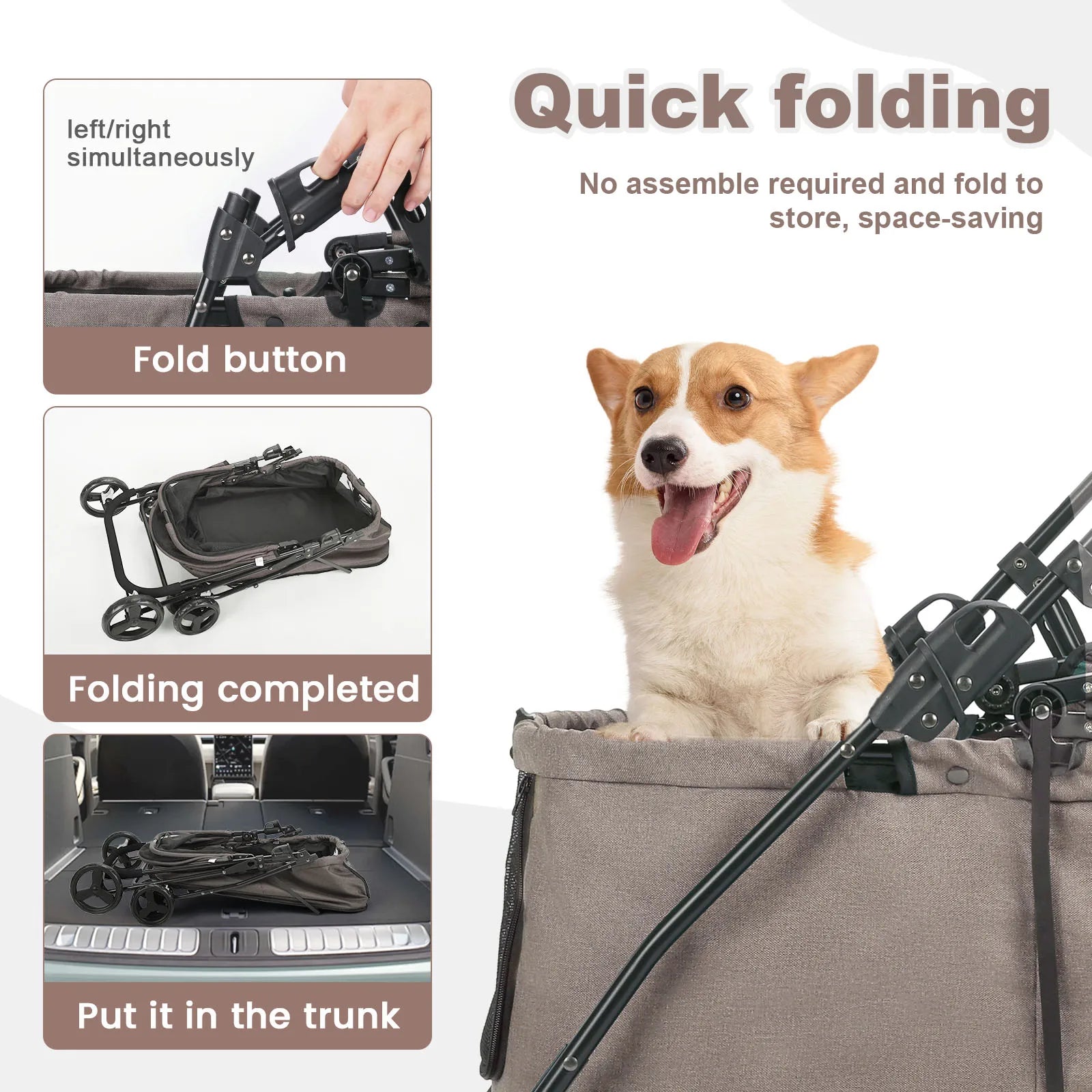 Wedyvko Luxury 80 lbs Pet Stroller – 4-Wheel Foldable Dog Stroller with Brakes, Dark Grey