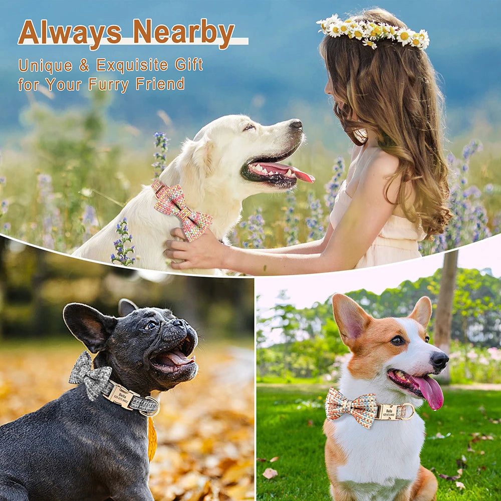 Personalized Plaid Leather Dog Collar with Bowknot – Custom Engraved Pet Collar for Small, Medium & Large Dogs