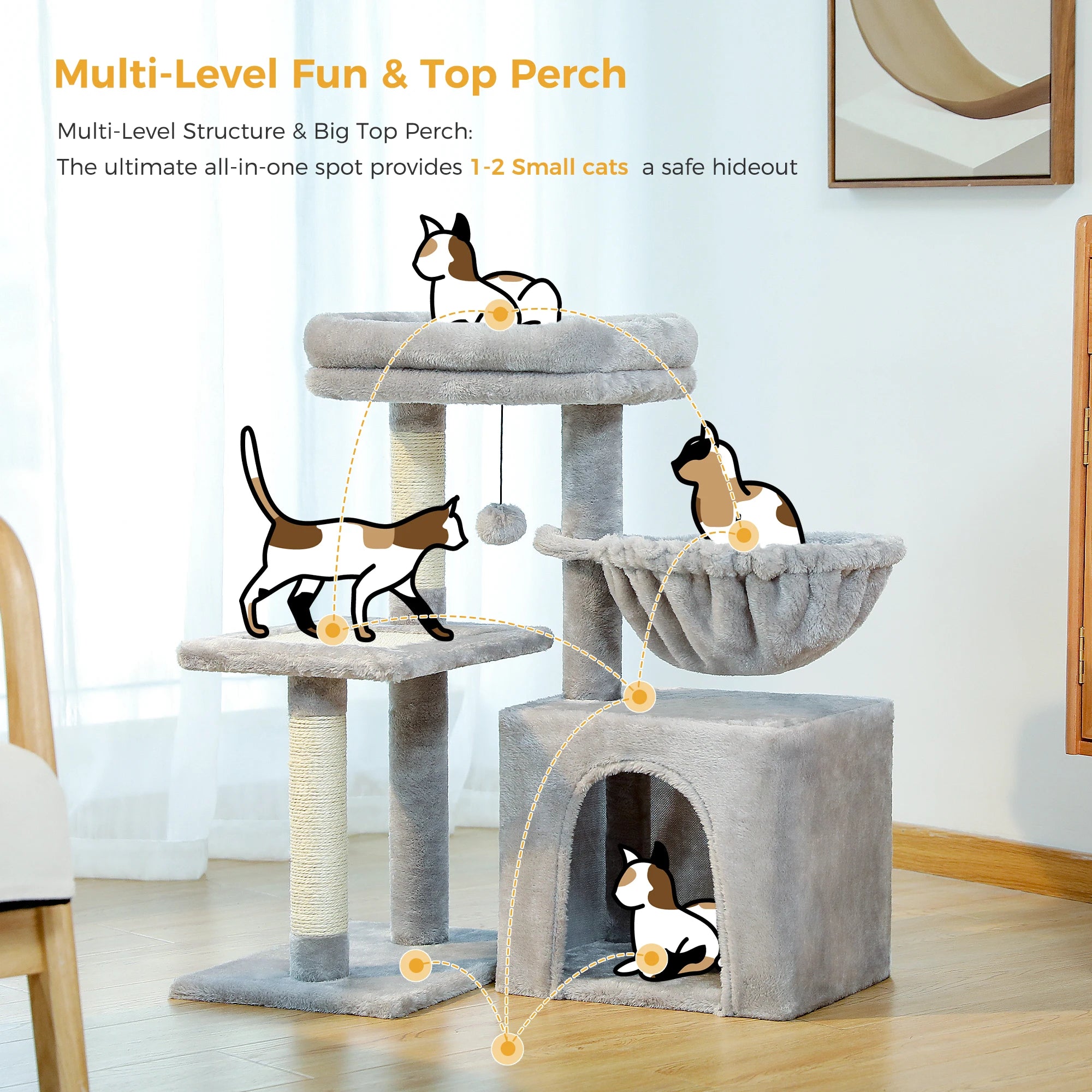 Cat Tree Tower for Indoor Cats – 2 Styles Cat Activity Center with Scratching Posts, Large Hammock & Removable Top Perch (Grey)