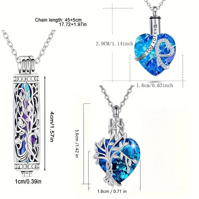 3pcs Cremation Urn Necklace Set – Tree of Life Cylinder & Heart Memorial Jewelry for Ashes