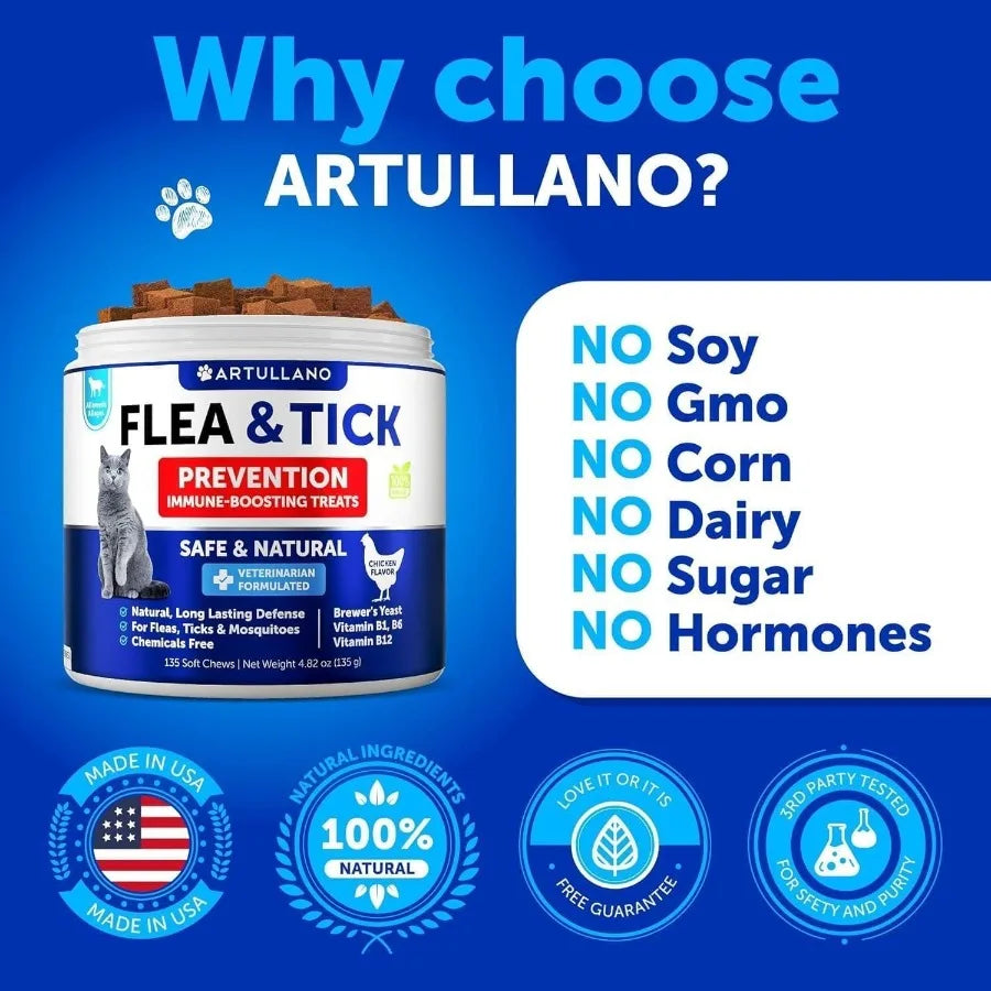 Natural Flea & Tick Prevention Supplement for Cats & Kittens – Daily Oral Chew with Vitamins