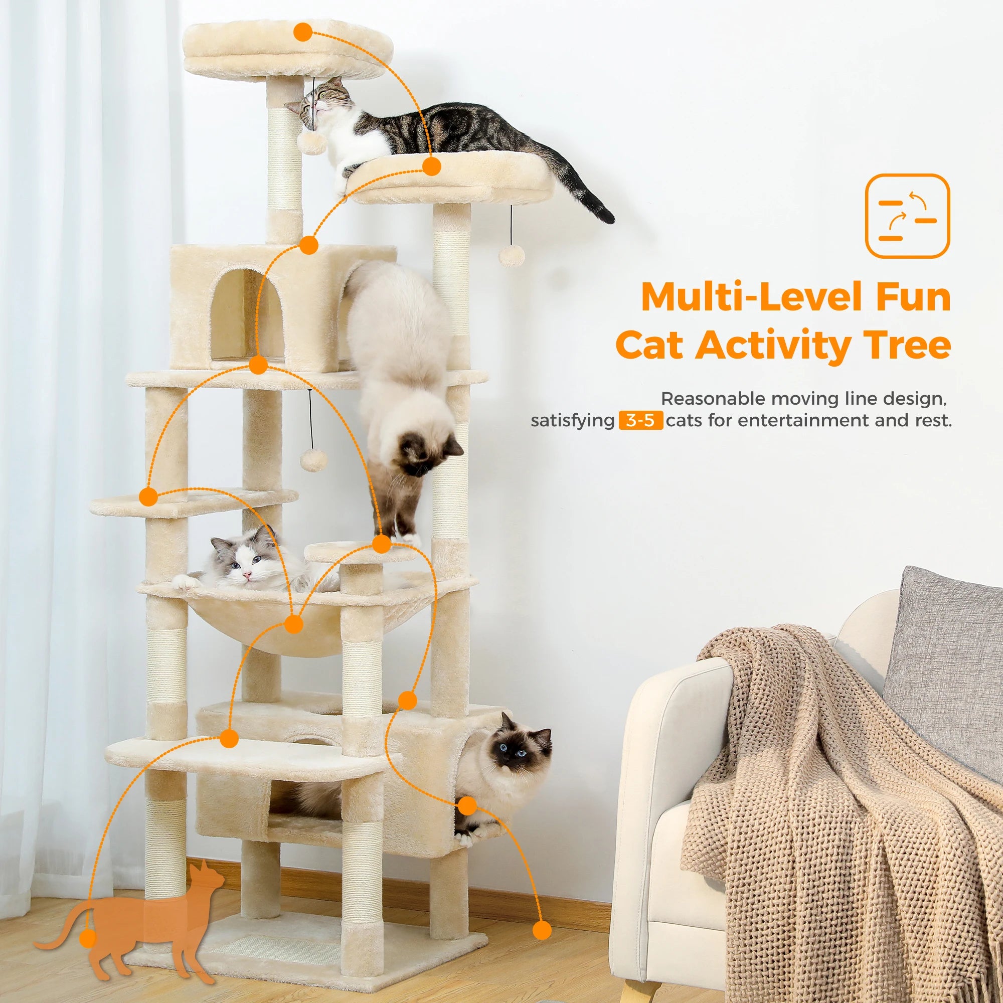 Large Multi-Level Cat Tree Tower – Tall Plush Indoor Cat Condo with Scratching Posts, Perches, Caves & Boards