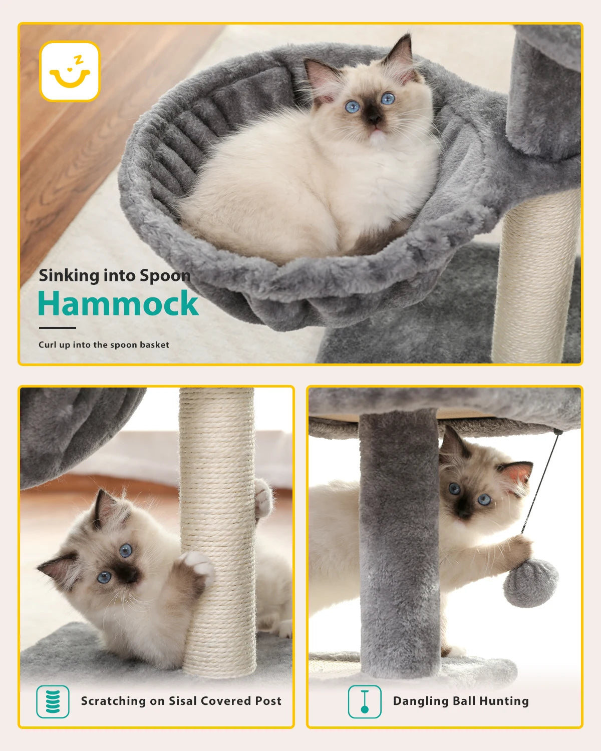 Cat Tree Tower for Indoor Cats – 2 Styles Cat Activity Center with Scratching Posts, Large Hammock & Removable Top Perch (Grey)