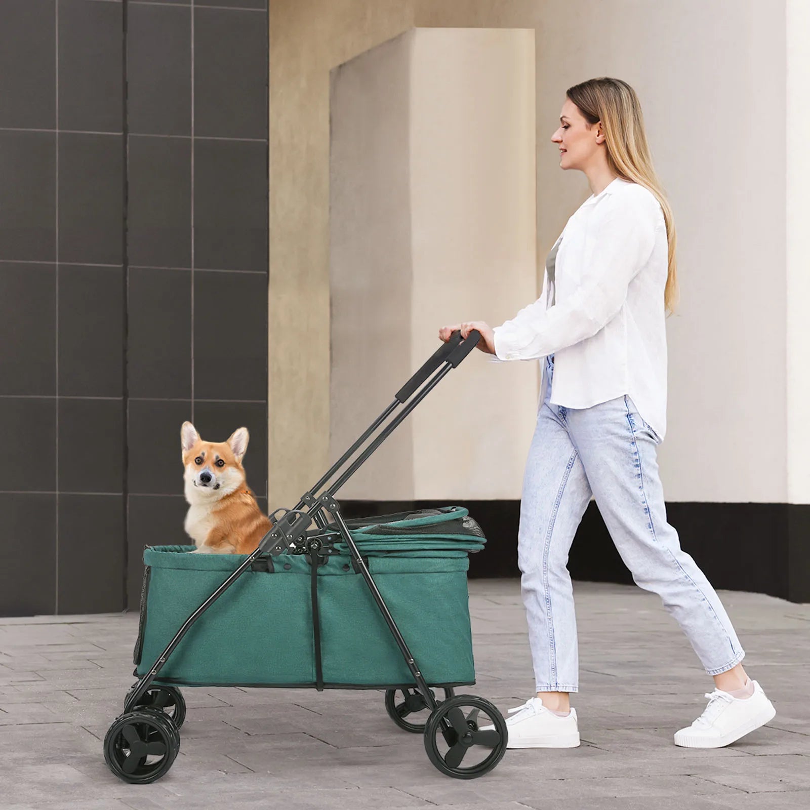 Wedyvko Luxury 80 lbs Pet Stroller – 4-Wheel Foldable Dog Stroller with Brakes, Dark Grey