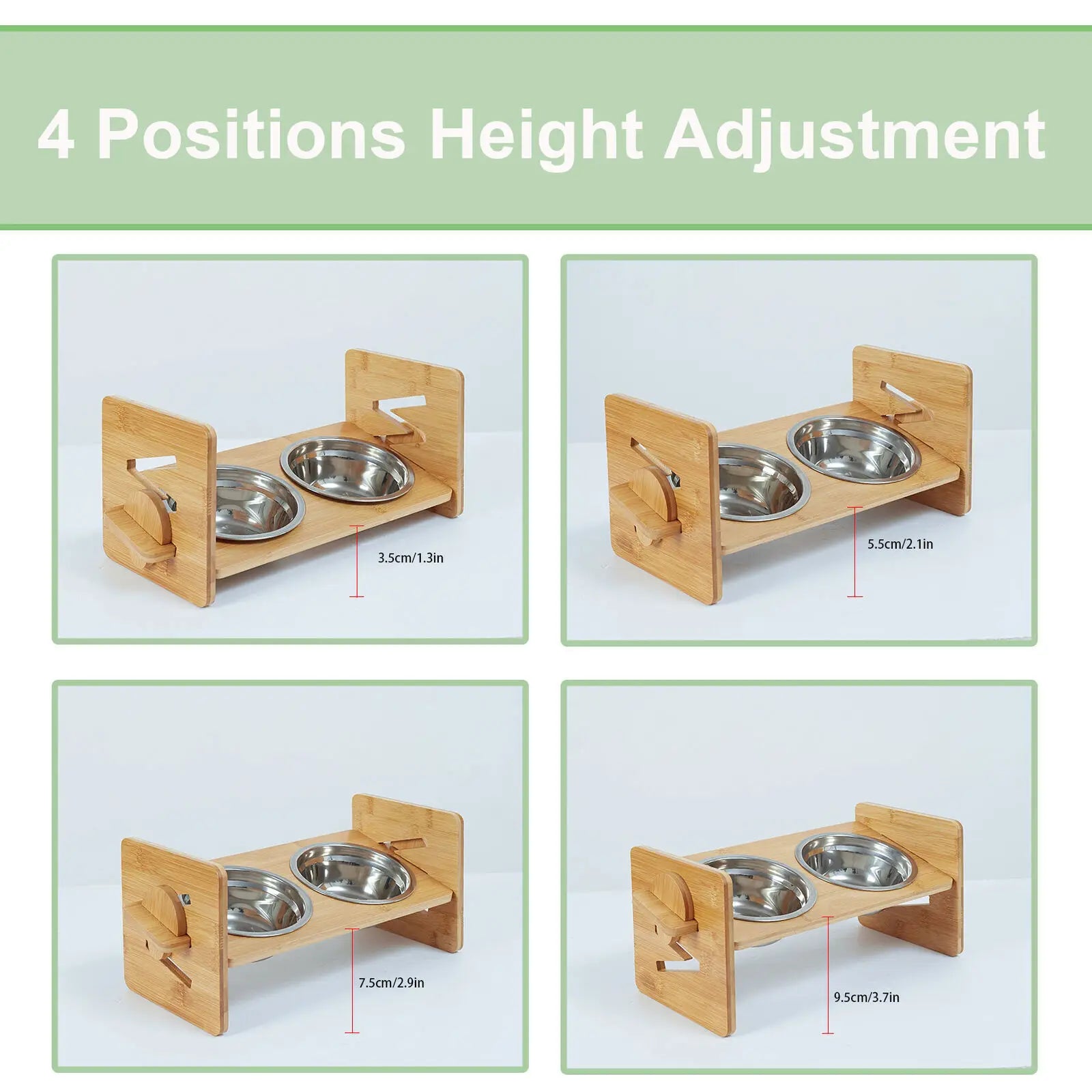 Adjustable Wooden Raised Cat Bowls – Bamboo Stand with Stainless Steel Dishes