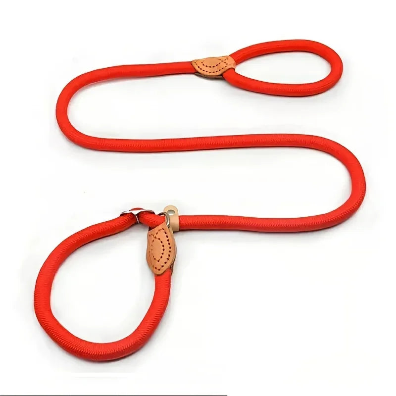 No-Pull Rope Slip Collar – P-Shaped Dog Training Leash with Durable Leather Joints & Adjustable Metal Buckle