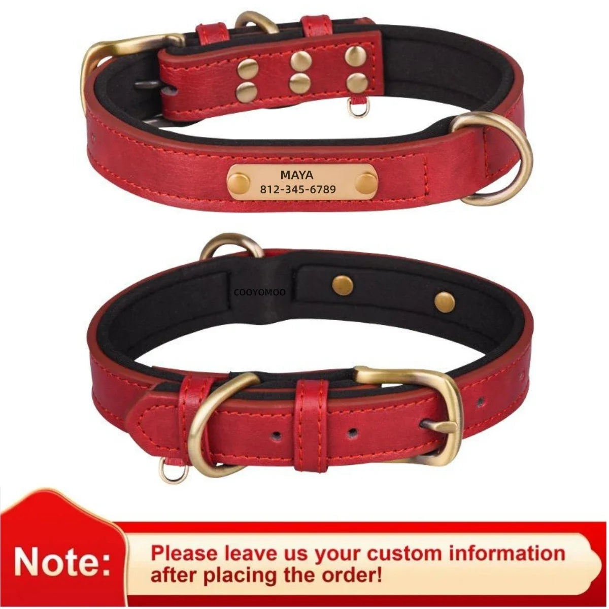 ersonalized Leather Dog Collar with Engraved ID Nameplate – Soft Padded Custom Collar for Small, Medium & Large Dogs