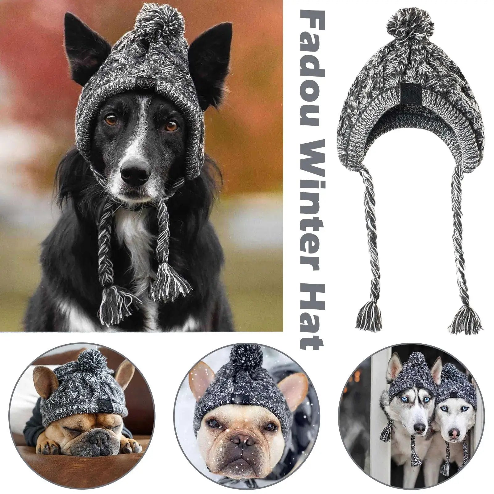 Winter Warm Knitted Dog Hat – Windproof Pet Beanie with Fluffy Pom for Small & Medium Dogs