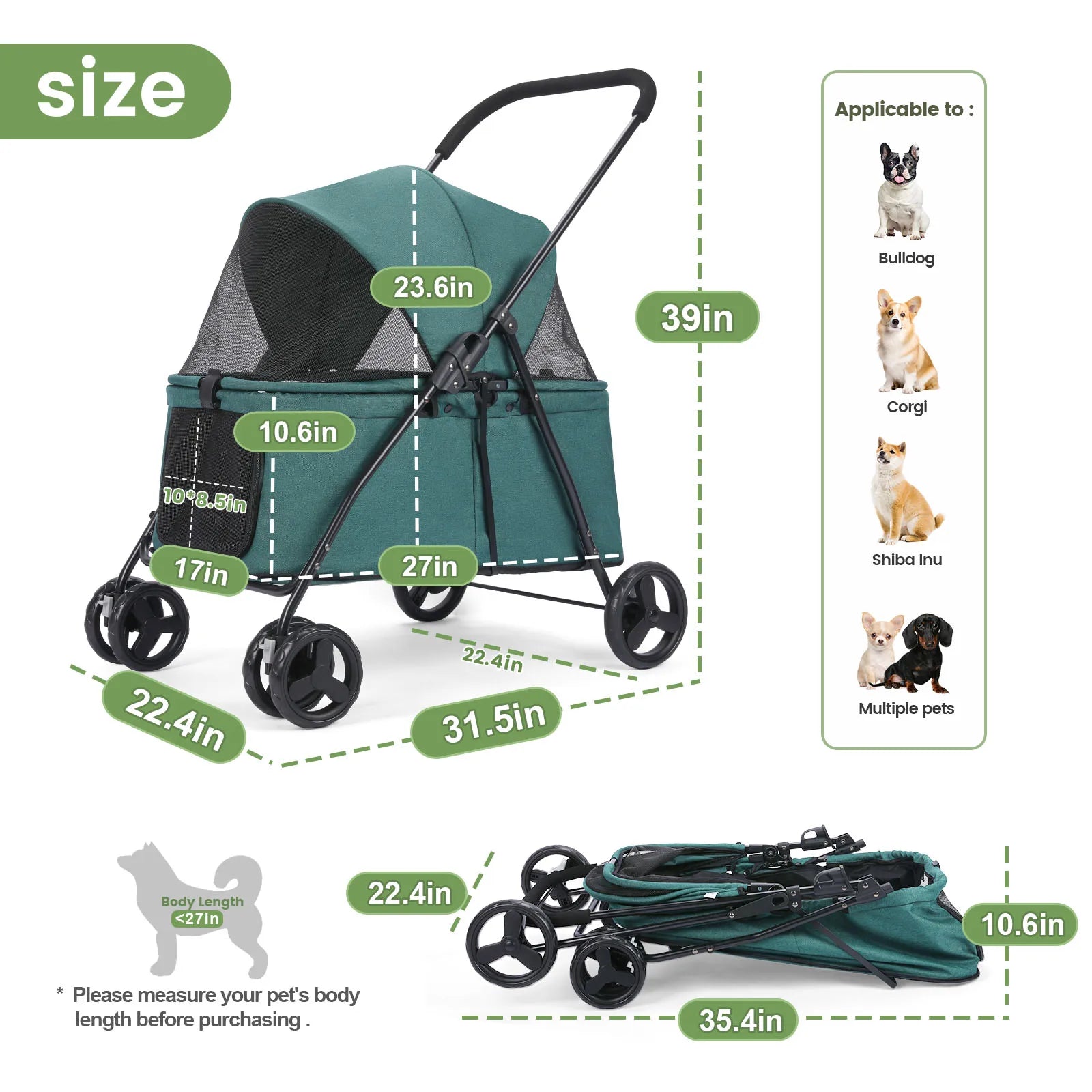 Wedyvko Luxury 80 lbs Pet Stroller – 4-Wheel Foldable Dog Stroller with Brakes, Dark Grey