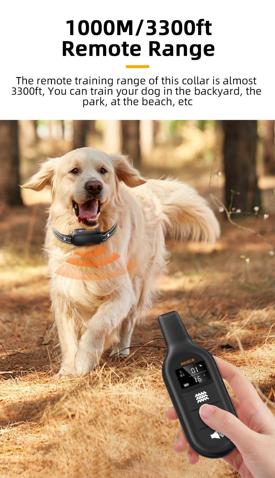 ROJECO Rechargeable Dog Training Collar – IPX7 Waterproof with Remote, Vibration & Shock Modes