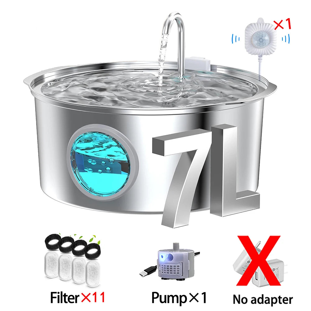 7L Stainless Steel Cat Water Fountain – Ultra-Quiet Automatic Pet Drinking Dispenser with Filter for Cats & Dogs