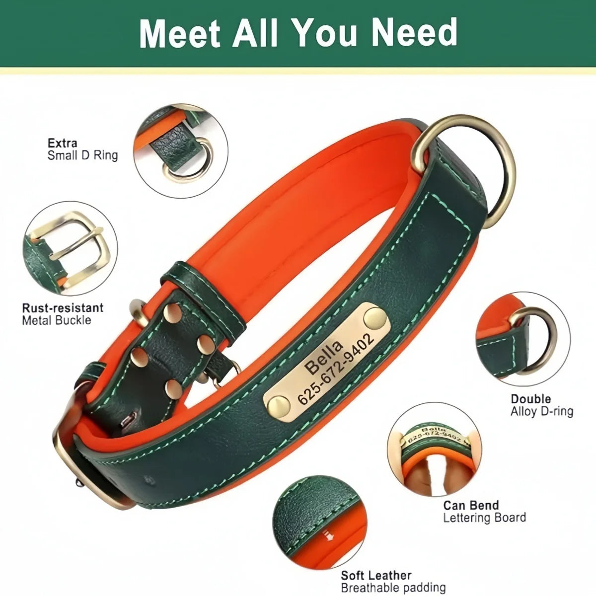 ersonalized Leather Dog Collar with Engraved ID Nameplate – Soft Padded Custom Collar for Small, Medium & Large Dogs