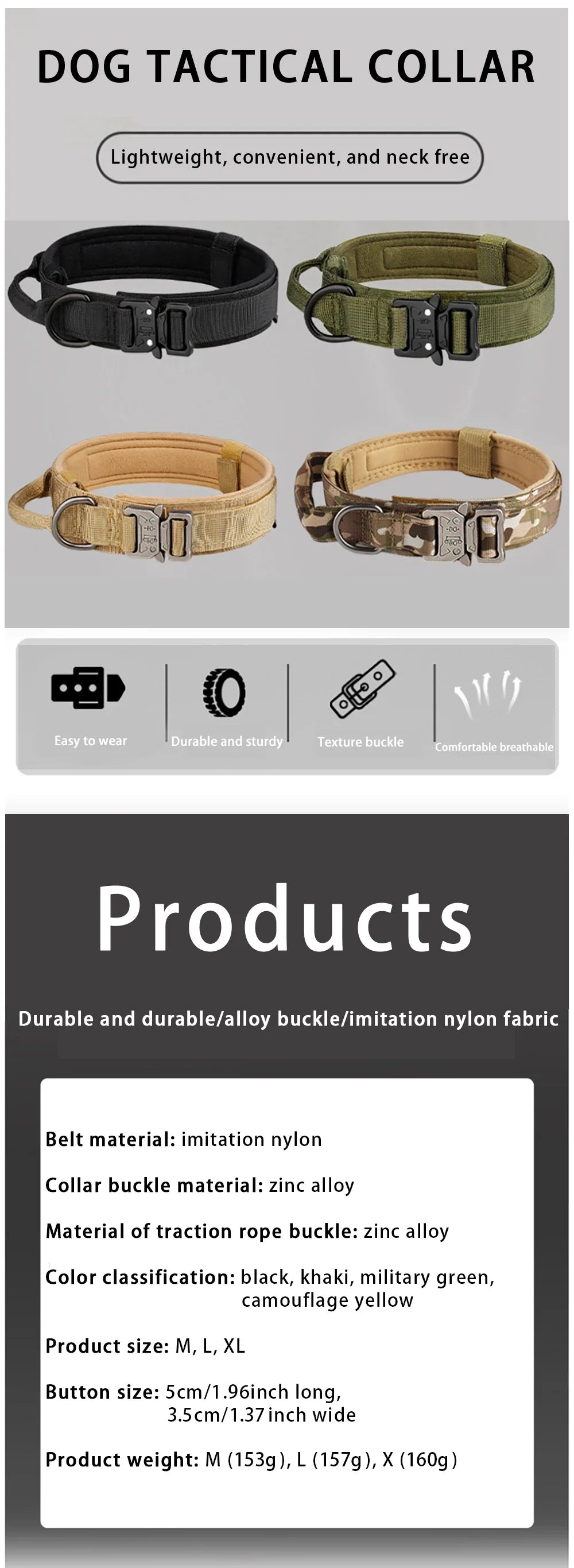 Tactical Dog Collar with Metal Buckle – Breathable Nylon Collar for Medium and Large Dogs